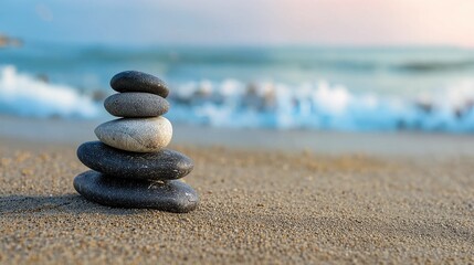 Zen stones stacked on a peaceful beach at sunset