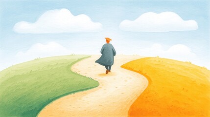Obraz premium A person walks along a winding path surrounded by vibrant green and yellow hills under a bright blue sky. The contrasting colors symbolize choices and journeys in life.