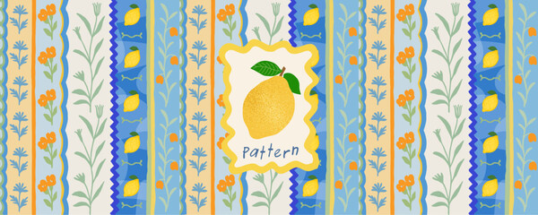 Fototapeta na wymiar Seamless mediterranean striped italian pattern. Vector illustration of flowers, plants, ceramics, lemon, ornament for background, textile, fabric or bannerс