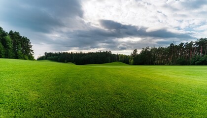 Obraz premium green field surrounded by trees on a cloudy day cloudy sky blurred background high quality photo