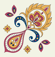 Obraz premium This ornate paisley-inspired design features flowing curves, floral motifs, and vibrant hues of gold, maroon, navy, and ivory. A large teardrop shape anchors the composition, while petals, spirals