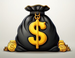 bolsa negra en 3d de dibujos animados con el simbolo del dolar en color amarillo sobre fondo blanco