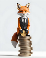 Cartoon orange fox dressed in a black suit holds a gold coin while perched on a stack of golden coins