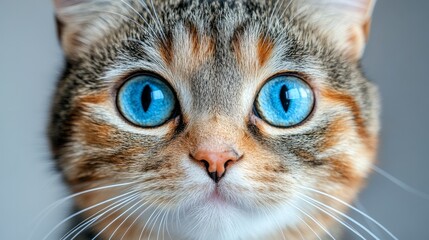Mesmerizing Gaze: Close-up shot of a domestic cat with captivating blue eyes, capturing its enigmatic beauty and intense stare.