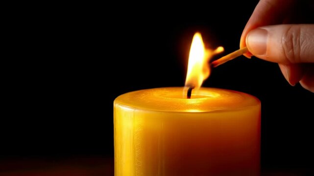 Hand lights a yellow candle flame burning brightly in the darkness illuminating hope
