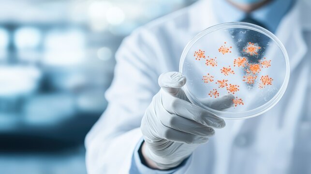 A scientist in a lab coat examines a petri dish showcasing various microorganisms. This image illustrates research and innovation in the field of biology and microbiology.