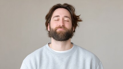 Obraz premium A serene man with a beard closes his eyes, exuding a sense of calmness and tranquility. His relaxed expression captures a moment of mindfulness and inner peace.