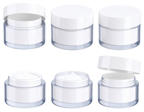 Six transparent jars with white lids, some open, showing creamy contents