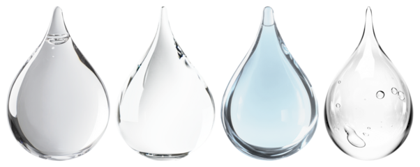 PNG Four glass water droplets, each with unique textures element set on transparent background.