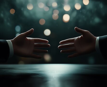 He extends two hands towards the viewer from above the empty table.