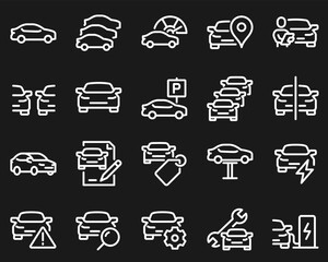 Simple Set of Car Related Vector Line Icons. Contains such Icons as tech review, stats comparing, dealership and more white