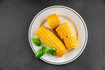 Corn cob food boiled snack vegetable fresh tasty gourmet food background on the table rustic food top view copy space