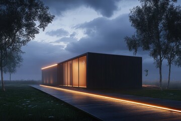 Fototapeta premium Modern home exterior with dark siding, lights, and walkway on misty night. Showcase modern architecture or minimalist design in marketing materials.