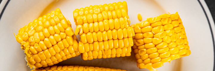 Corn cob food boiled snack vegetable fresh tasty gourmet food background on the table rustic food top view copy space