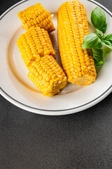 Corn cob food boiled snack vegetable fresh tasty gourmet food background on the table rustic food top view copy space