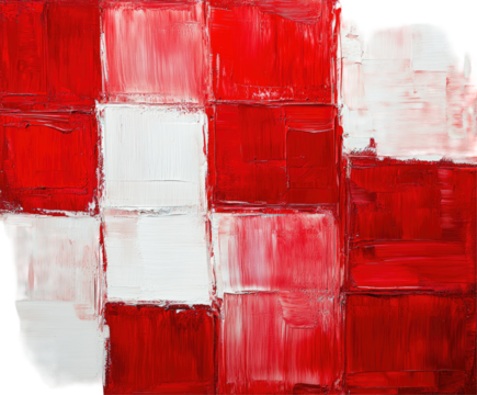 Abstract checkered pattern of red and white squares.  Impasto style