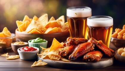 football themed snacks and drinks spread on table nachos buffalo wings