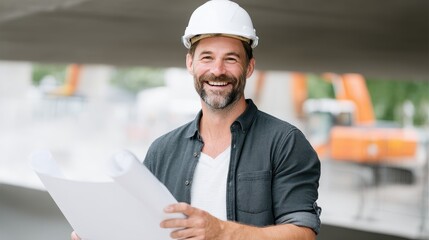 A smiling construction worker in a hard hat reviews blueprints on a job site, showcasing professionalism and positivity