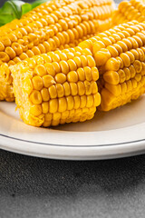 Corn cob food boiled snack vegetable fresh tasty gourmet food background on the table rustic food top view copy space