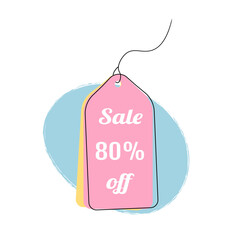 Cute sale label on ribbon for price off. 80% off price tag. Super discounts tag for shop, markets promotion. Simple childish price tag isolated on white background. Modern flat style design sale beige