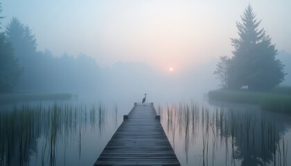 Naklejka premium Heron on Dock at Sunrise Lake Fog