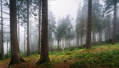 trunks of old pine trees in a foggy forest in zakopane in rainy weather