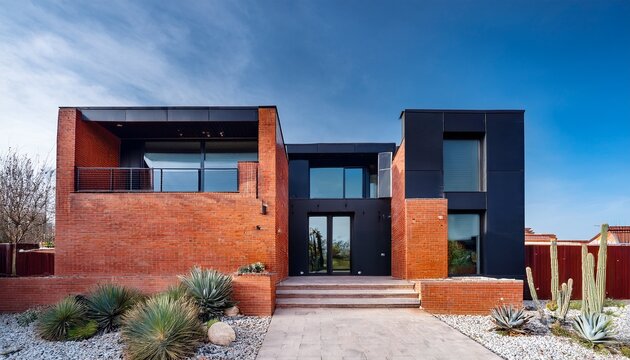 chalet independiente contemporaneo de una planta de lineas rectas minimalista con ladrillo rojo y ventanales con aplicaciones de metal negras jardin seco de cactus y escaleras con camino de piedras