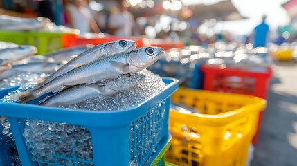 Fresh Fish on Ice in Basket at Market