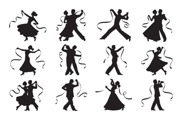  Set of dance silhouettes with ribbon, showcasing elegant movement and rhythm, perfect for events, celebrations, and creative projects related to dance, ballet, and performance.