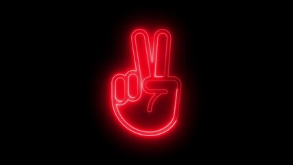 Neon Victore sign red icon  animation, Glowing hand with two fingers in piece gesture on dark background - Powered by Adobe