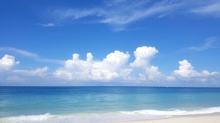 Fototapeta premium Tranquil beach scene with turquoise water and fluffy clouds