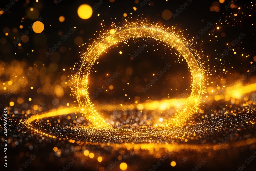 Poster golden glittering dust forms a circle with bokeh lights against a dark background. use this for magi
