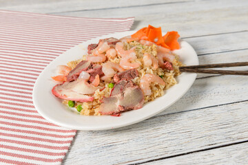 Delicious Fried Rice Topped With Shrimp and Meats