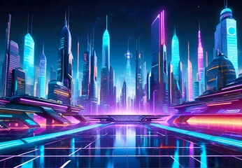A futuristic city skyline with skyscrapers and blue purple neon reflecting lights.Urban vector cityscape at night. Cyberpunk cityscape.Sci Fi concept background for design.