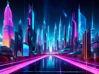 A futuristic city skyline with skyscrapers and blue purple neon reflecting lights.Urban vector cityscape at night. Cyberpunk cityscape.Sci Fi concept background for design.