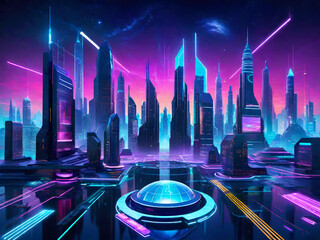 A futuristic city skyline with skyscrapers and blue purple neon reflecting lights.Urban vector cityscape at night. Cyberpunk cityscape.Sci Fi concept background for design.