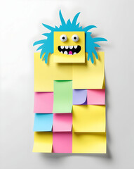 Cute, colorful paper craft monster of sticky notes on a white wall