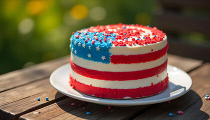 Patriotic American flag cake with red, white, and blue frosting, star-shaped and round sprinkles, outdoor setting on wooden surface, festive dessert