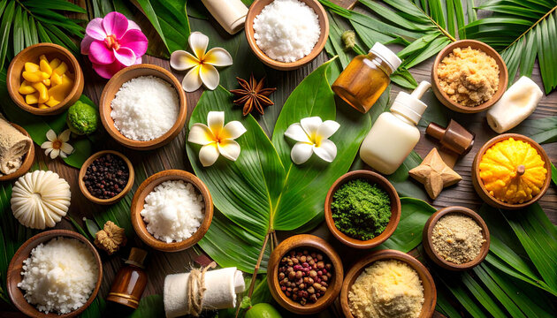 a variety of natural beauty products displayed on a dark background, featuring ingredients such as dried flowers, rolled towels, limes, spices, and bath salts, all arranged in an appealing presentatio