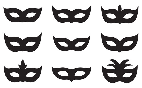 Set of black masquerade masks in different styles, perfect for costume parties, events, and creative design projects related to mystery, disguise, and elegance.