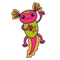 funny colorful axolotl with starfish in hand, waving paw
