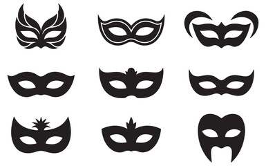 Set of black masquerade masks in different styles, perfect for costume parties, events, and creative design projects related to mystery, disguise, and elegance.