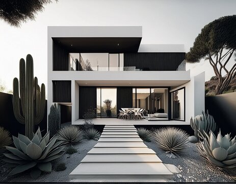 chalet independiente contemporaneo de una planta de lineas rectas minimalista fachada blanca y negra grandes ventanales jardin seco de cactus y escaleras y camino de piedras