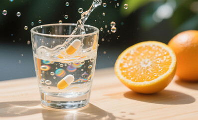 Vitamin C Effervescent Tablets Dissolving in Glass of Water with Fresh Oranges and Dynamic Splash