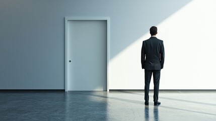 Obraz premium A man in a suit standing in front of a white door in an empty room.