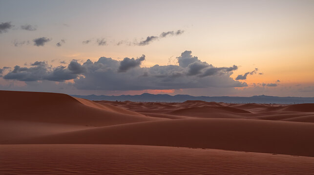 Nature and landscapes of dasht e lut or sahara desert with sand dunes and cloudy evening sky