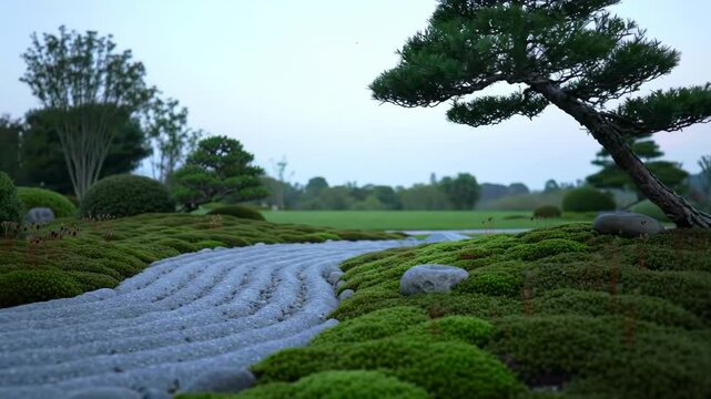 Zen Garden Static Shot Featuring Mossy Landscape and Bonsai Tree
