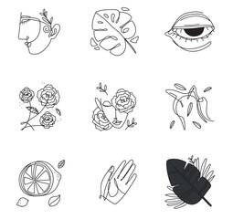 Fototapeta premium Minimalist Line Art Vector Set: Abstract Faces, Floral Elements, and Natural Motifs for Modern Design