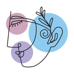 Minimalist One-Line Abstract Face with Floral Element and Colorful Geometric Circles in Modern Vector Art Style