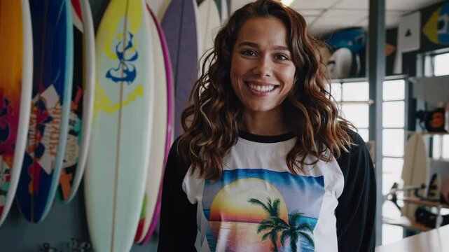 Cheerful young woman stands in a surf shop surrounded by vibrant surfboards, exuding positivity